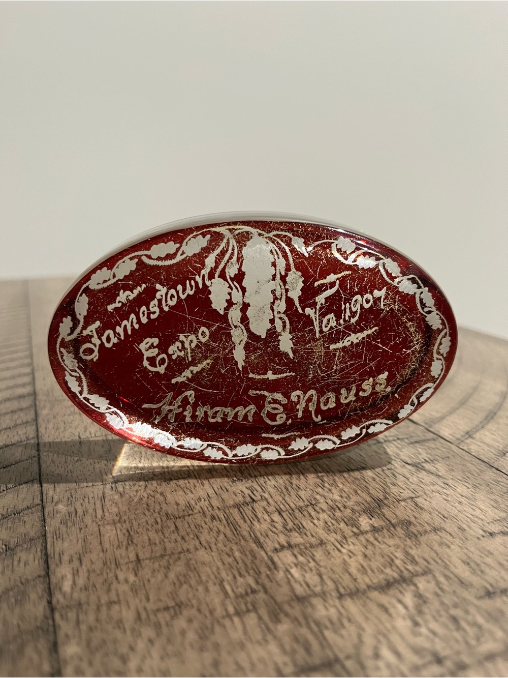Antique 1907 Red Inscribed Jamestown, VA Expo Paperweight Red Glass 4.25 x 2.75”